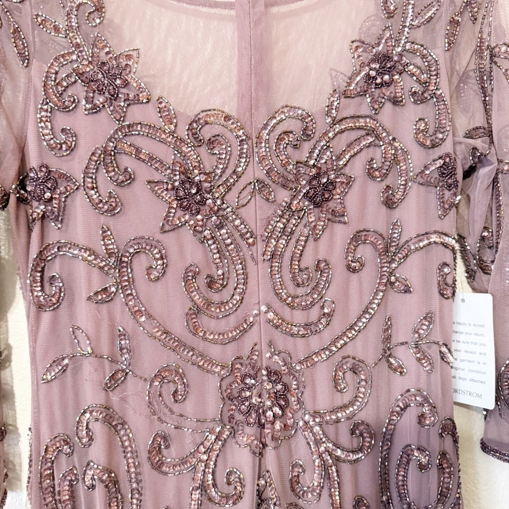 Pisarro Nights Beaded Illusion Neck Gown Mauve Tulle Flare Godet Hem Midi Size 6 - Picture 9 of 14
